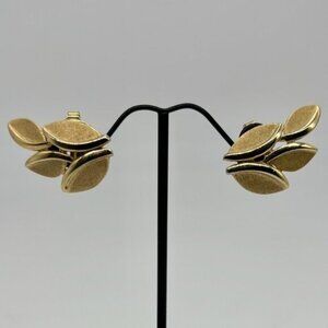 Vintage Crown Trifari Earrings, Leaf Pattern, Gold Tone Metal, Stylized Textured